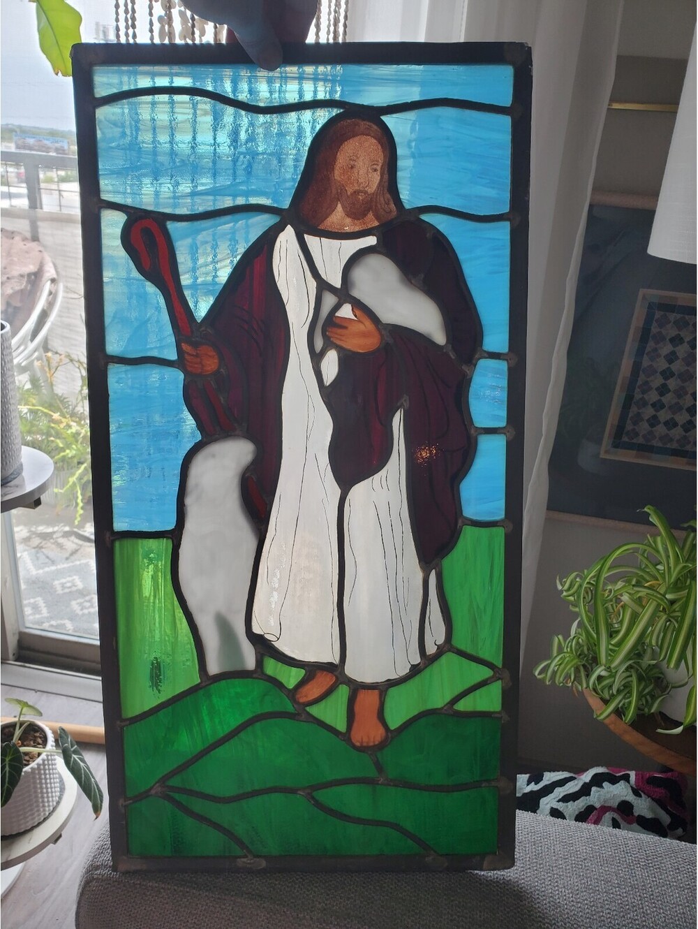 Stained Glass Jesus Good Shepherd Panel Hand Painted Lamb Suncatcher Vintage